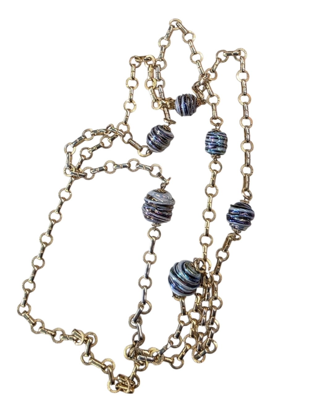 Gold Chain Necklace with Iridescent murano Blue-Bead Accents